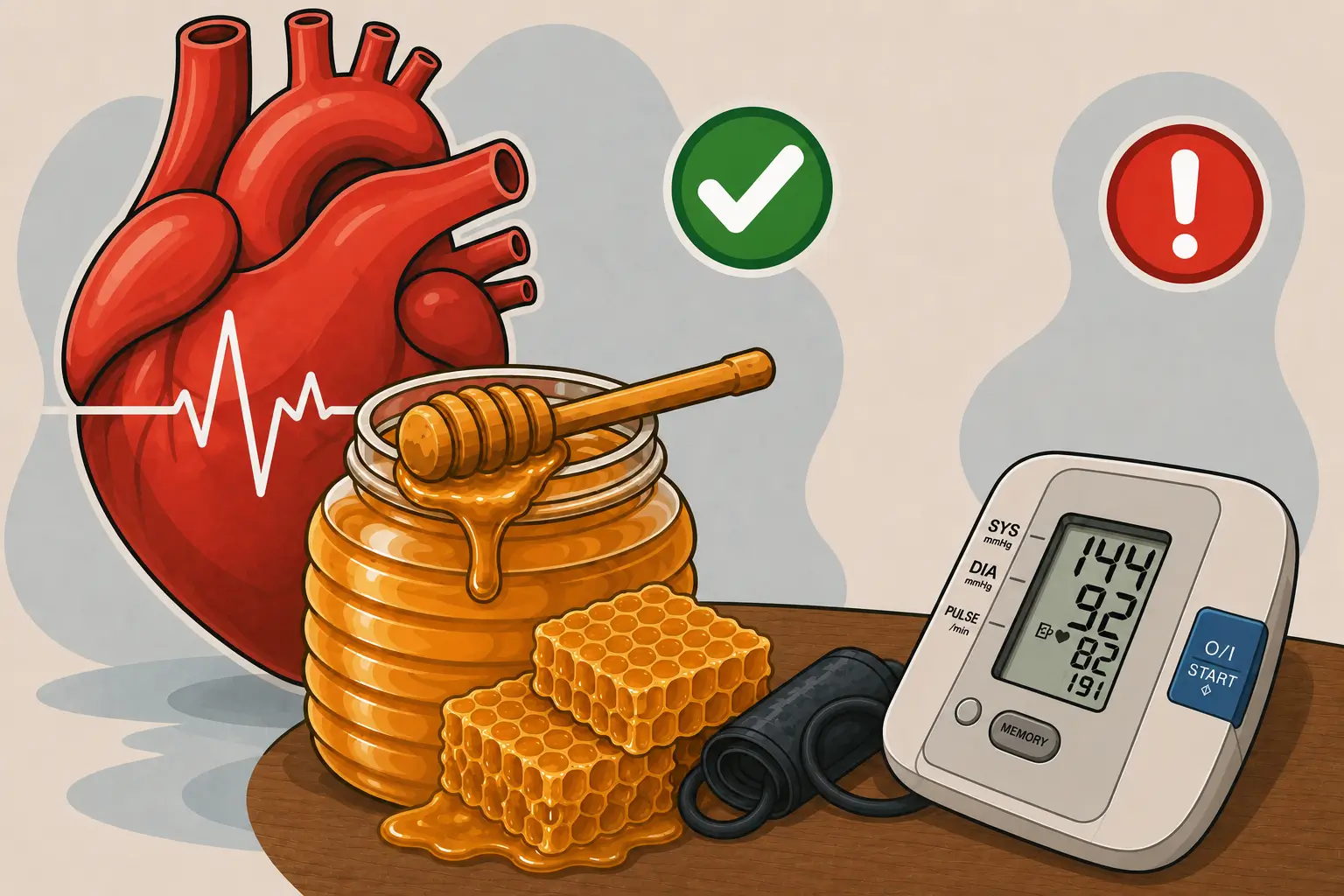 Illustration of a heart with an ECG heartbeat line next to a blood pressure monitor reading 144 over 92, representing high blood pressure